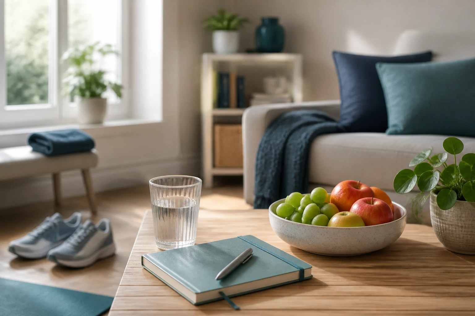 Everyday health notes and wellbeing items on a calm desk